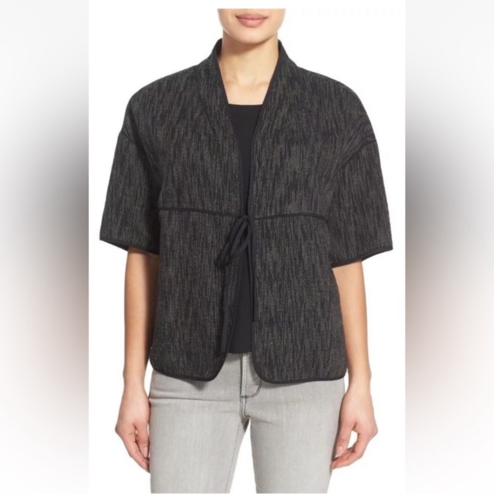 Eileen Fisher Organic Cotton Willow Kasuri Black Short Sleeve Open Cardigan